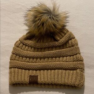 C.C Kids Tan Knit Beanie with Pom-Pom